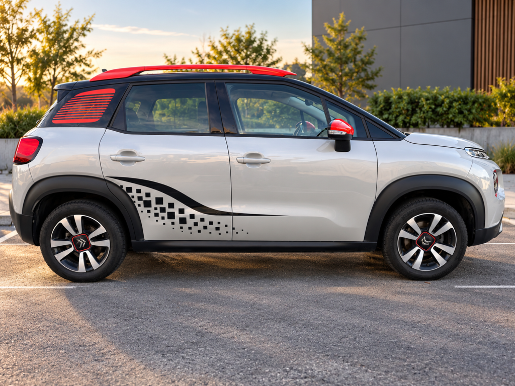 Citroën C3 Aircross cu grafică laterală neagră din colant și accente roșii, vedere laterală