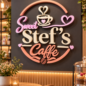 Firmă decorativă Sweet Stef’s Caffe realizată din polistiren 3D în culori pastel