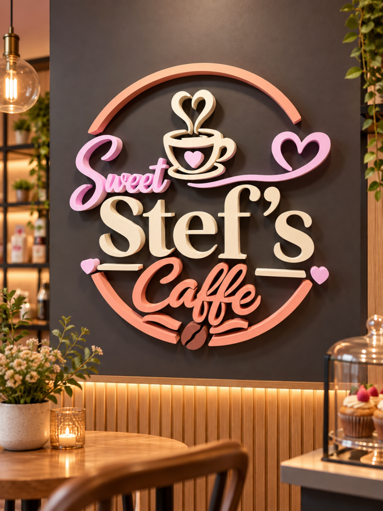 Firmă decorativă Sweet Stef’s Caffe realizată din polistiren 3D în culori pastel
