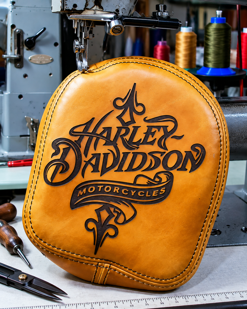 Produs finit din piele gravată laser cu grafică Harley-Davidson, încadrat pentru prezentare
