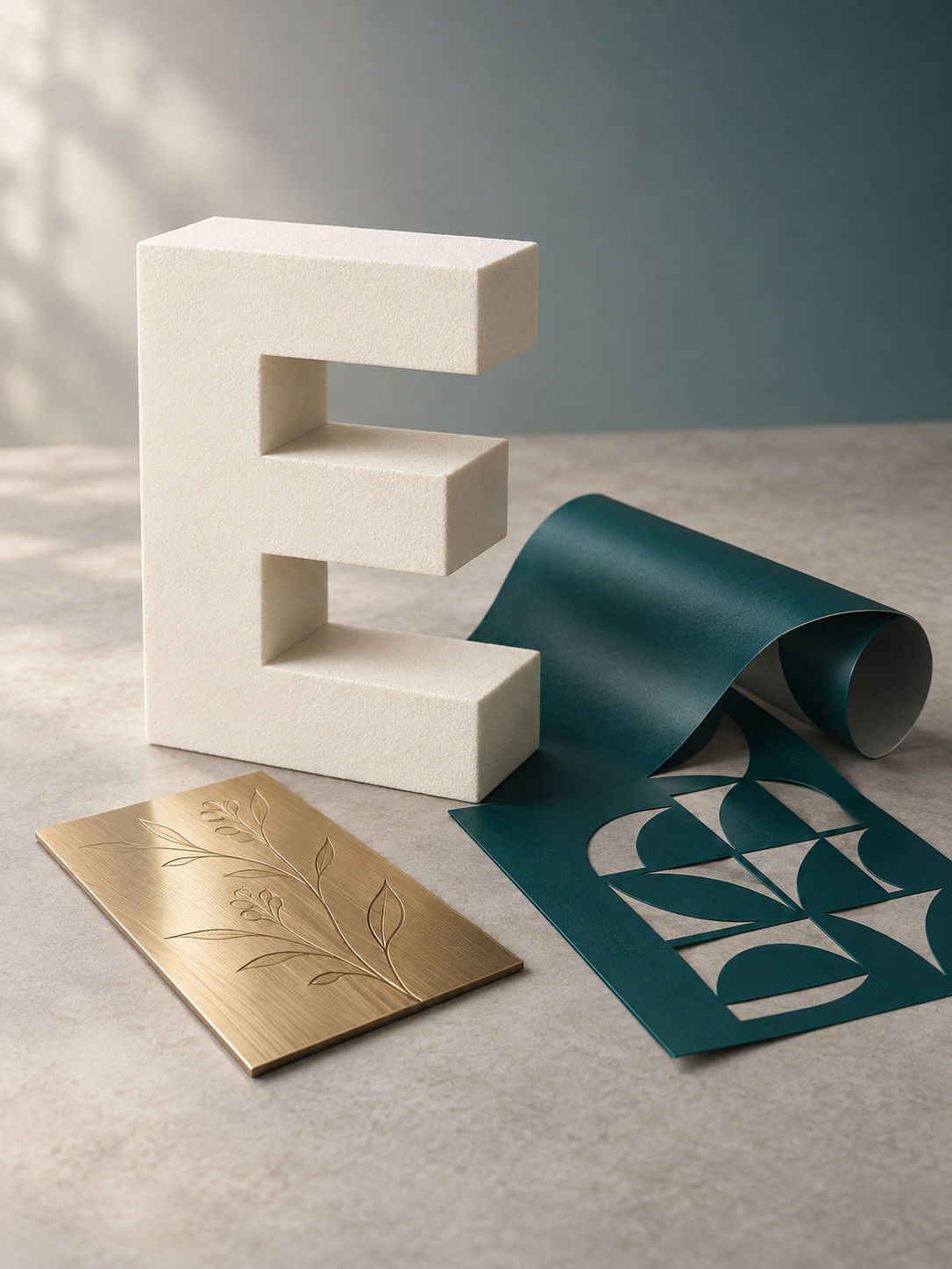 Imagine ilustrativă: literă volumetrică, gravură și colant într-un decor de atelier