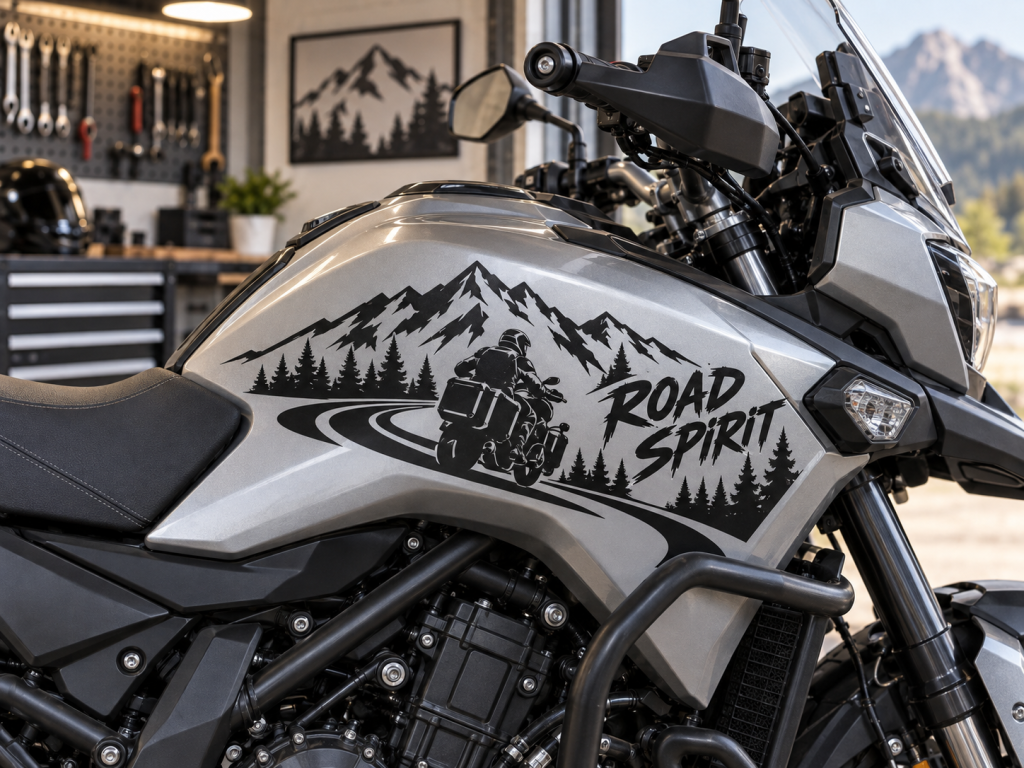 Model demonstrativ de autocolant moto pentru bikeri, decupat din vinil monocrom