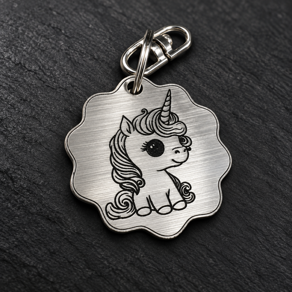 Breloc metalic cu unicorn realizat prin gravură laser