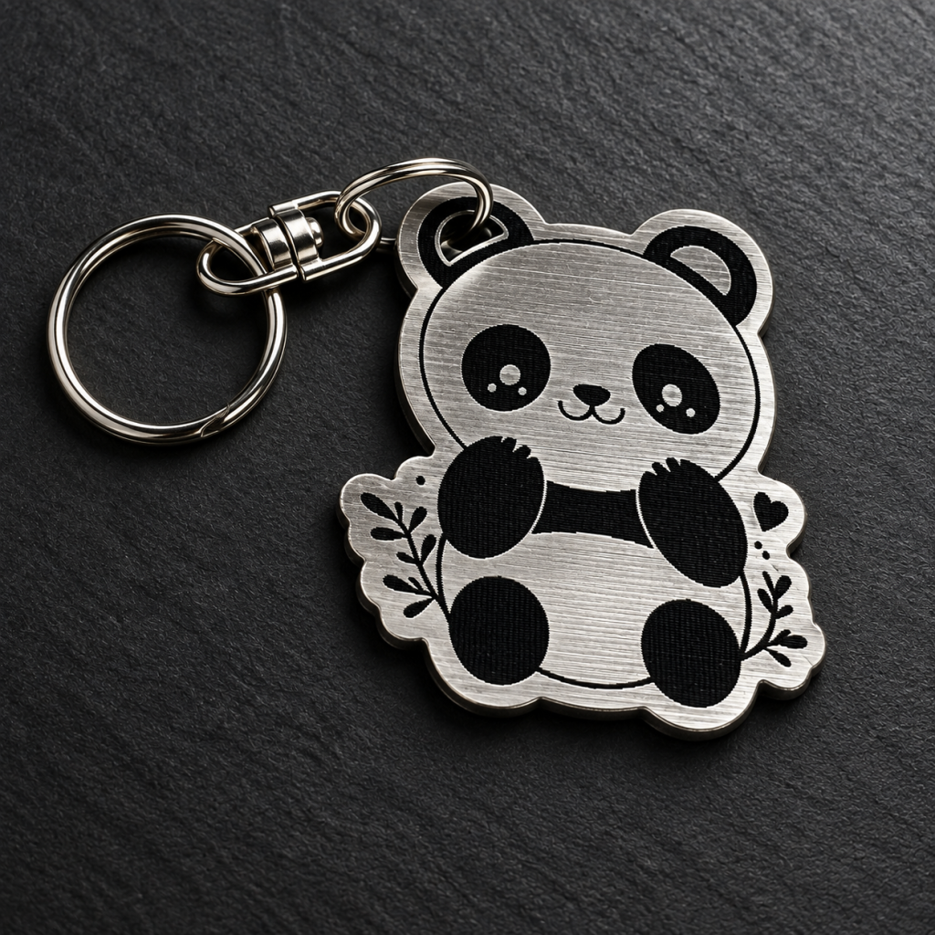 Breloc metalic cu panda realizat prin gravură laser